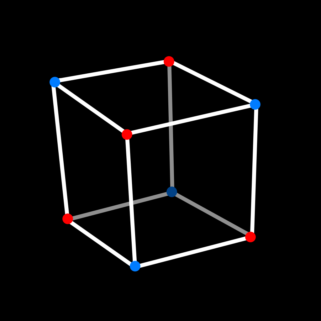 a poorly drawn cube with red and blue vertices, corresponding to the vertices touched by an inscribed tetrahedron